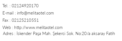 Hotel Melita telefon numaralar, faks, e-mail, posta adresi ve iletiim bilgileri